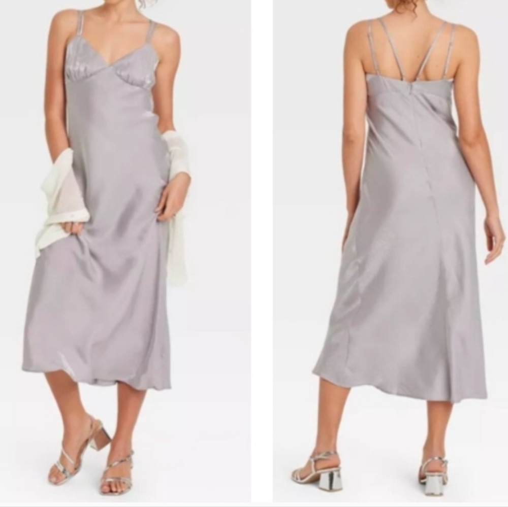 wild fable Silver Satin Slip Midi Dress